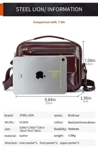 Leather men shoulder bag detail showing dimensions, interior structure, and size comparison.