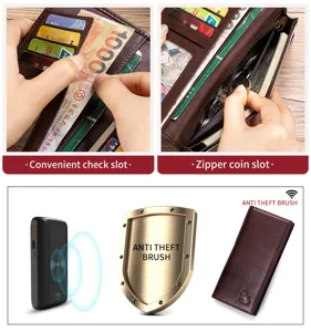 Genuine leather long wallet detail showing multiple card slots and secure zipper coin pocket.