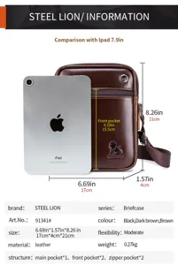 Men leather vertical mini casual cross body shoulder bag with multi pockets and size details