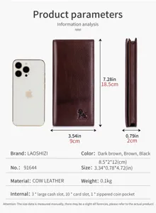 Genuine leather long wallet, soft cowhide vertical purse with multiple card slots.