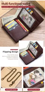 Steel Lion men's genuine leather multi-functional wallet with card slots and anti-theft chain.