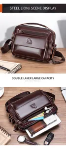 Detailed view of the premium genuine leather men shoulder bag, showing double layer large capacity.
