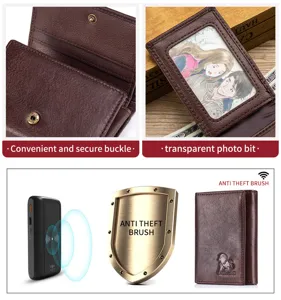 Brown leather wallet multi card slots RFID blocking snap closure card holder vintage design.