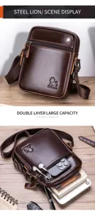 Men's vertical leather shoulder bag, business casual crossbody bag with double layer design.