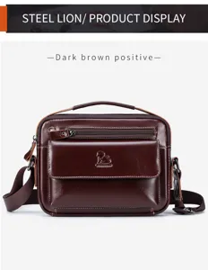 Men's genuine leather shoulder bag dark brown casual crossbody bag with multiple pockets.
