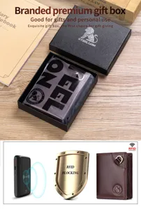 Genuine leather men's RFID blocking wallet with luxury gift box packaging for daily use.