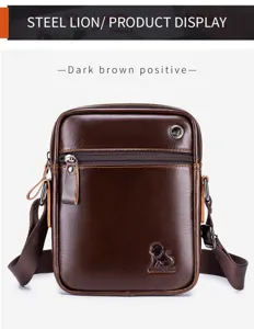 Close-up detail of dark brown leather vertical men's cross-body shoulder bag texture.