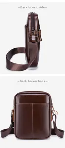 Men's dark brown leather cross-body bag mini casual single shoulder bag detail view.