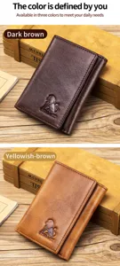 Detailed view of the trifold leather wallet featuring multiple card slots and clear photo window.