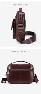 Men's dark brown leather shoulder bag, premium casual crossbody bag with multiple compartments.
