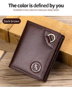 Men's genuine leather vertical wallet retro business card holder with metal buckle design.