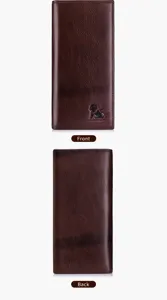 Vintage genuine leather long wallet for men and women, dark brown soft cowhide card holder.