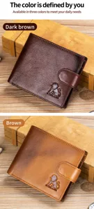 Herren Vintage Echtleder Geldbörse mit Druckknopf Münzfach und Kartenfächern in braun.