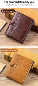 Detailansicht der Herren-Lederbrieftasche mit dunklen und gelbbraunen Farboptionen.