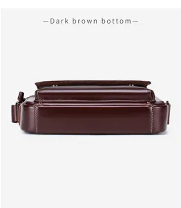 Dark brown leather men shoulder bag bottom detail close up view, premium cowhide material.