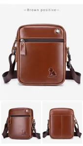 Men genuine leather mini vertical crossbody bag detailed view, casual business shoulder bag.