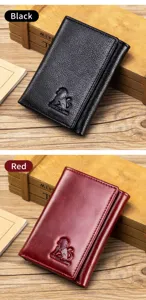 Detail view of leather multi-slot trifold wallet showing texture, stitching and embossed lion logo.