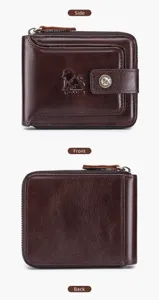 Brown genuine leather men's wallet with multi card slots and coin pocket for daily use.