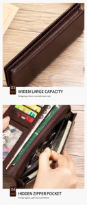Genuine leather long wallet for men women, brown large capacity card holder purse with zipper.