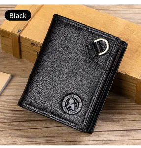 Black genuine leather vertical men's wallet with metal D-ring and lion logo emblem card holder