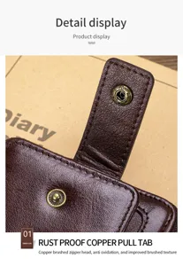 Men's genuine leather wallet detail display, premium top layer cowhide with durable metal snap.