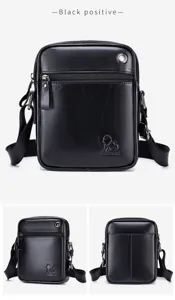 Detailed view of black leather men cross-body bag with multiple pockets and metal zipper.