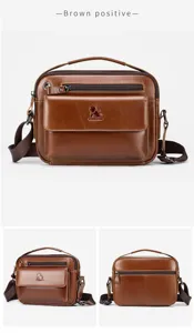Brown men genuine leather shoulder bag casual crossbody retro small phone bag daily use