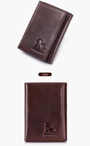 Brown leather trifold wallet for men and women, compact card holder with stylish lion logo.