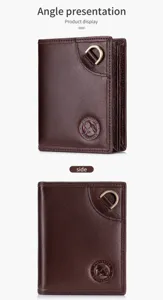 Brown leather men's vertical wallet with metal D-ring and embossed lion logo detail.