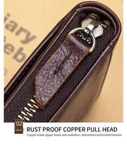 Genuine leather wallet zipper detail, rust proof copper pull head with enhanced brushed texture.