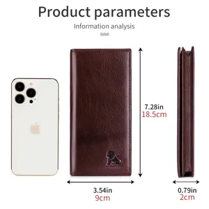 Detailed view showing dimensions and soft cowhide texture of the vertical leather long wallet.
