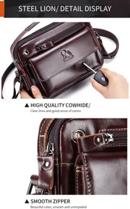 Men casual cowhide shoulder bag with smooth metal zipper and multi-pocket detail design.