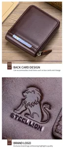 Men's genuine leather wallet with multiple card slots and zipper coin pocket detailed view.