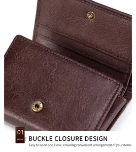 Brown leather wallet with buckle snap closure, compact card holder and multi-card slots.