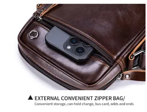 Men cowhide vertical mini crossbody bag detail, vintage brown leather phone shoulder bag.