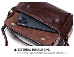 Men's genuine leather shoulder bag brown crossbody bag with external pocket and phone storage.
