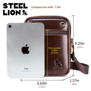 STEEL LION Men Leather Vertical Mini Crossbody Bag Casual Shoulder Bag 21x17cm