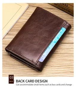 Brown leather trifold wallet detail showing convenient back card slot design for daily use.