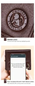 Close-up detail of genuine leather men wallet showcasing brand embossed logo and anti-theft function.
