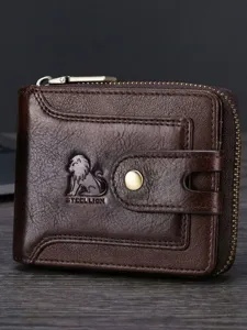 Portafoglio Corto in Vera Pelle da Uomo Vintage RFID Blocco Portamonete con Zip