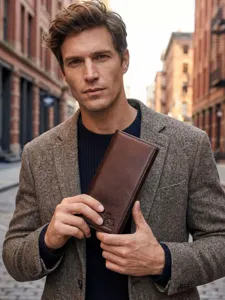 Premium men's genuine leather long wallet vintage vertical brown soft multi-card purse main image