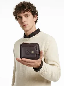 Men's genuine leather bifold wallet with zipper coin pocket and multiple card slots in brown.