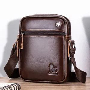 Men's Genuine Leather Crossbody Bag Business Casual Small Vertical Shoulder Bag Mini Phone Bag with Zipper Pockets