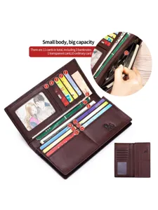 Genuine leather long wallet for men and women, vintage soft cowhide multi-card holder purse.