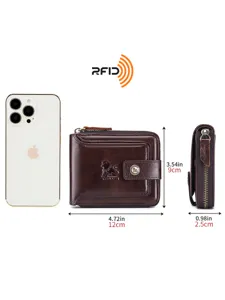 Men genuine leather RFID blocking short wallet coin pocket compact bifold wallet brown color