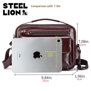 Men's genuine leather shoulder bag cross-body casual small messenger bag with 7.9in size comparison