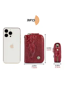 Λεπτομερής όψη δερμάτινης θήκης κλειδιών κροκόδειλου, συμπαγής θήκη καρτών με RFID block.