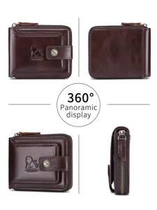 Men's genuine leather bifold wallet with multiple card slots and zipper coin pocket design.