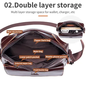 Men genuine leather shoulder bag multi-layer storage crossbody bag vintage messenger bag