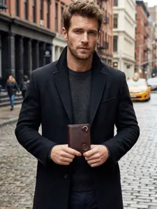 Genuine leather men's vertical wallet with card slots and metal ring in brown color.